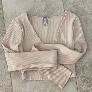 Forever 21 Cream Ribbed V-Neck Top
